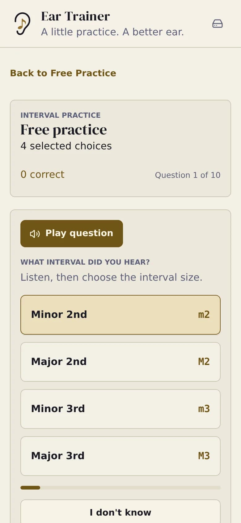 Ear Trainer interval drill on a phone, asking which of four intervals was played.