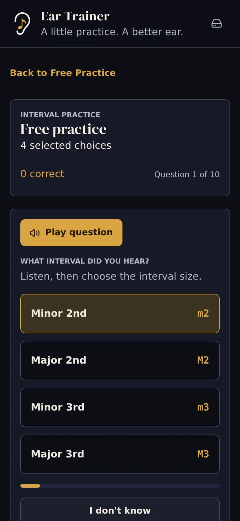 Ear Trainer interval drill on a phone, asking which of four intervals was played.