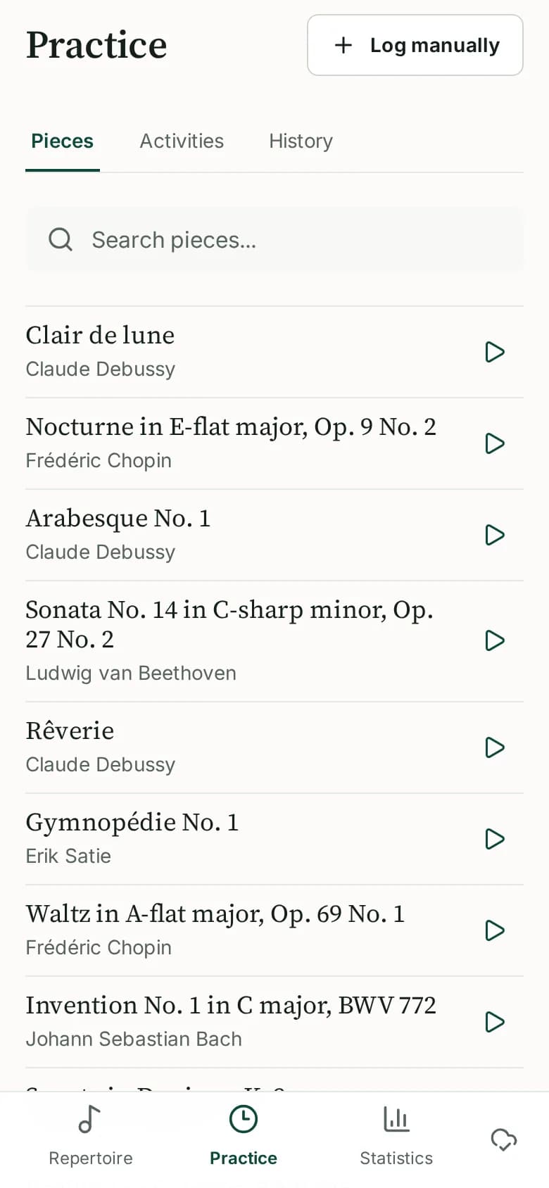 Virtuoso practice screen on a phone, listing pieces ready to start a practice session.