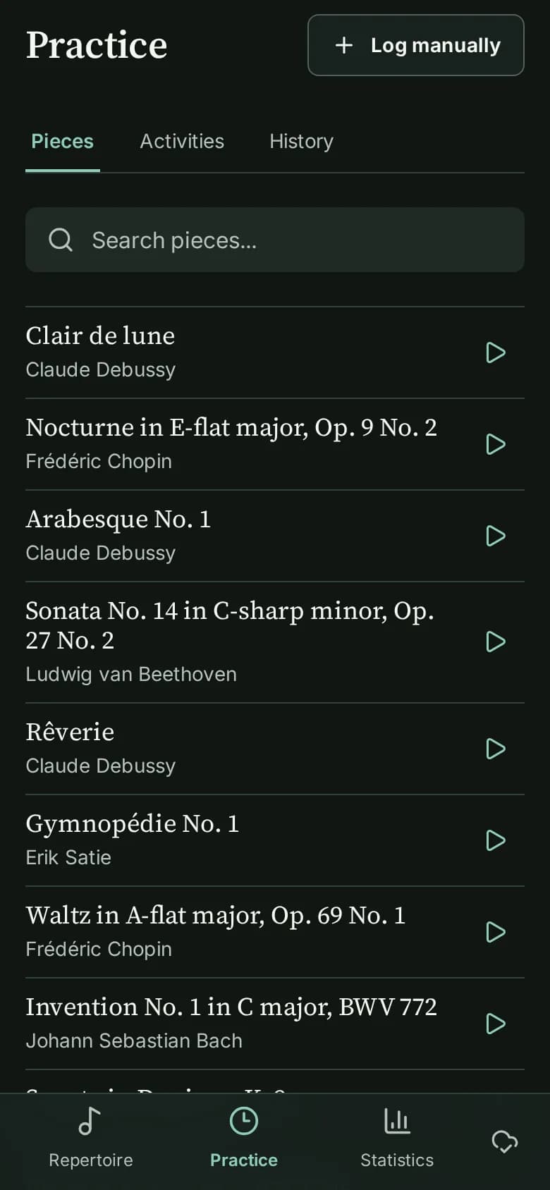Virtuoso practice screen on a phone, listing pieces ready to start a practice session.