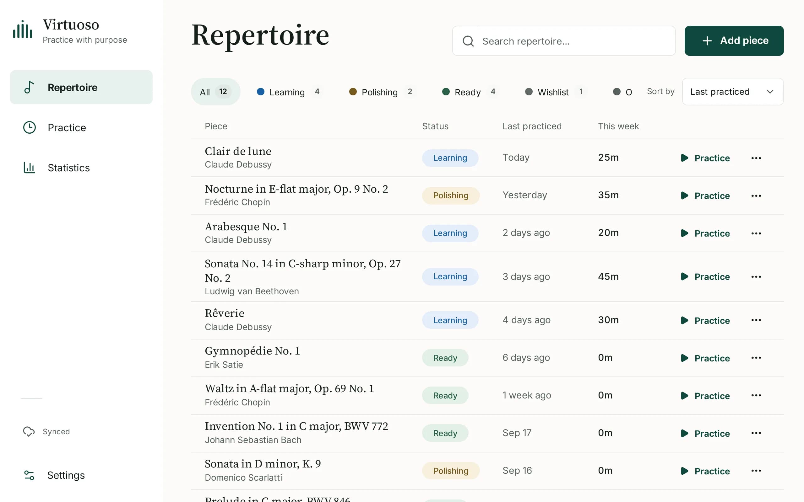 Virtuoso repertoire list with pieces by Debussy, Chopin, Beethoven and Satie, their status, last practice and weekly time.