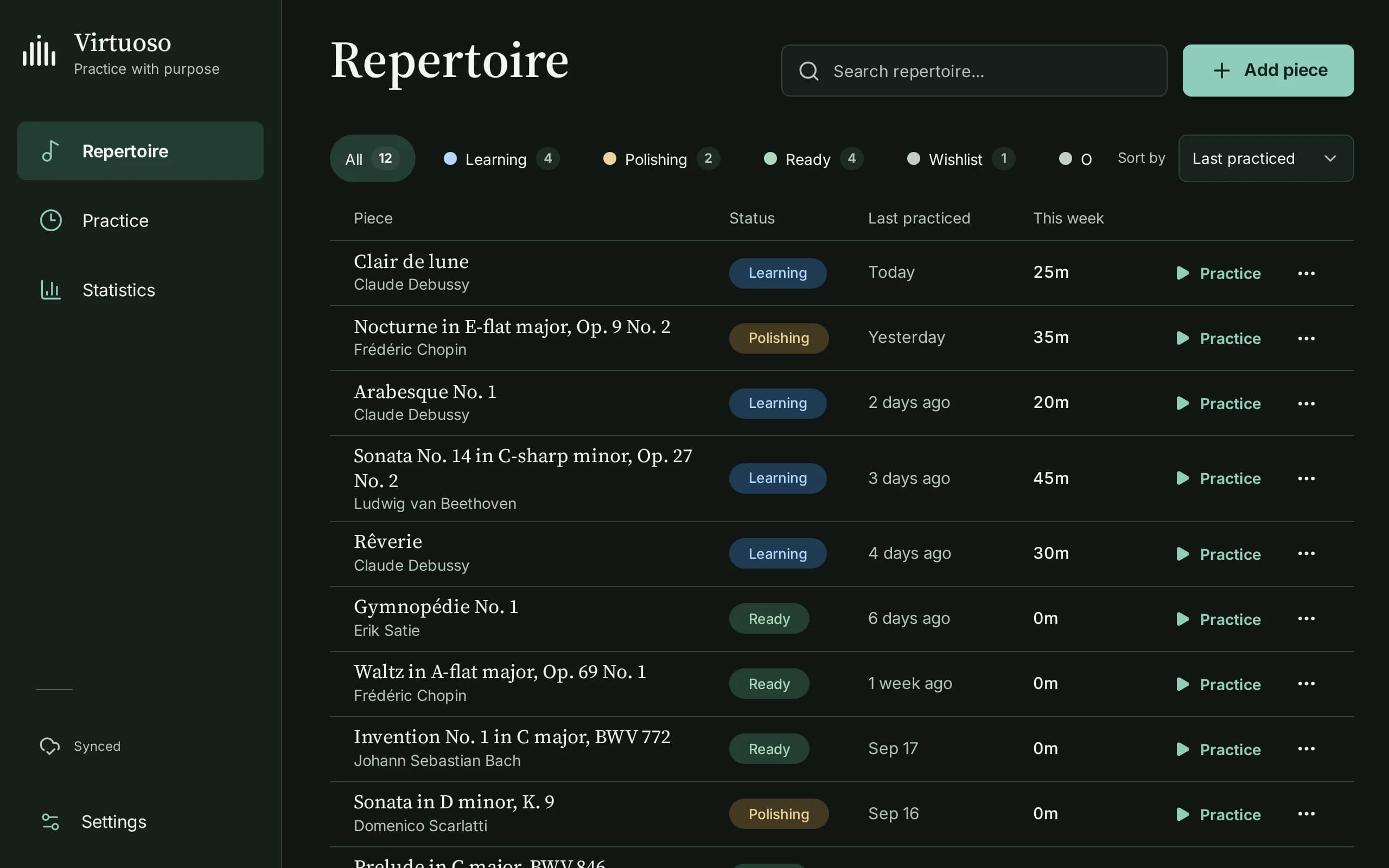 Virtuoso repertoire list with pieces by Debussy, Chopin, Beethoven and Satie, their status, last practice and weekly time.